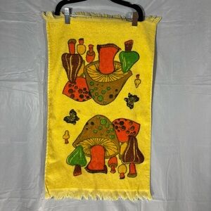 Vintage 70s Cannon Mushroom Toadstool Dish Hand Towel Terry Cloth Kitschy Yellow